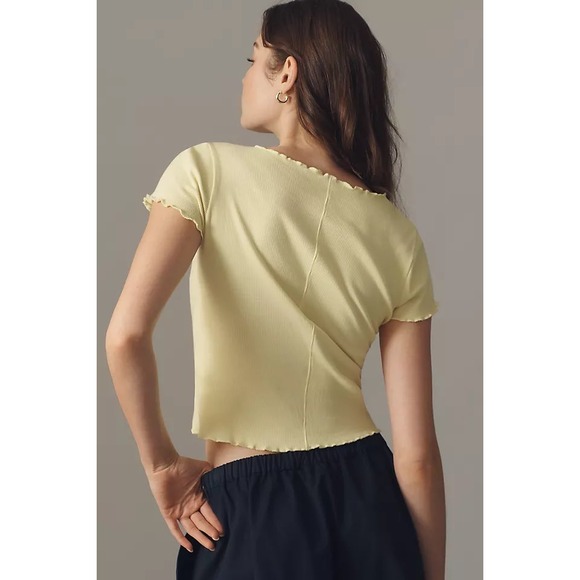Pilcro Anthropologie Ruffle-Trim Baby Tee Butter Yellow Ribbed- Size Large - Picture 2 of 8
